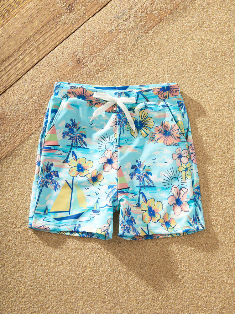 Daddy & Son Swimwear Tropical Print,Daddy & Son Swim Trunks Set for Summer Beach Vacation Light Blue