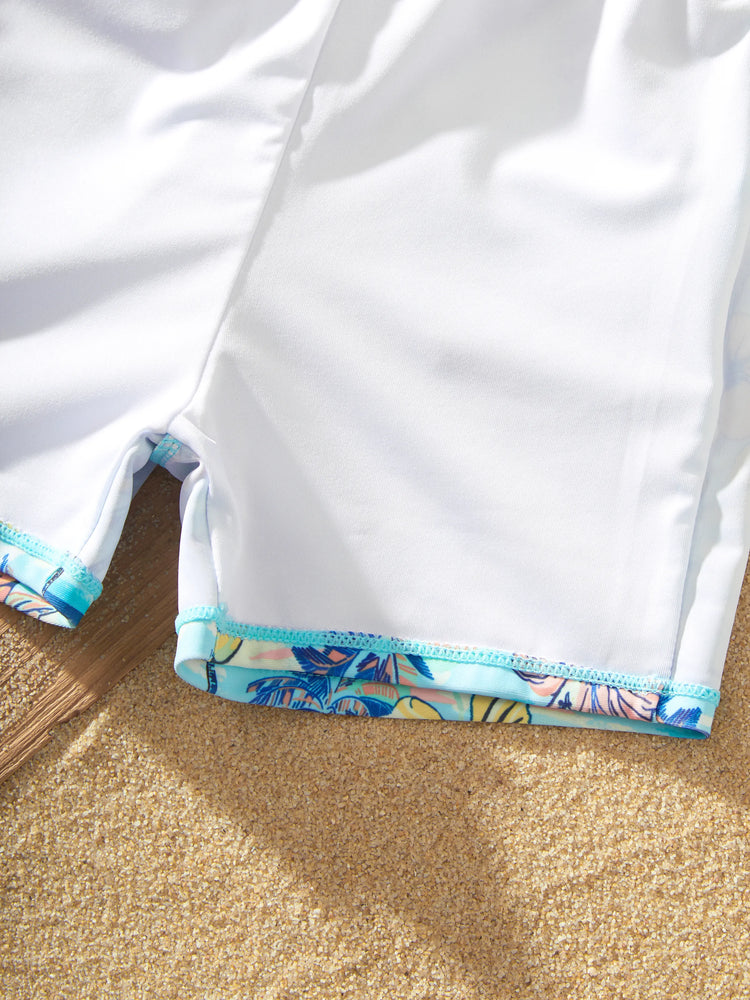 Daddy & Son Swimwear Tropical Print,Daddy & Son Swim Trunks Set for Summer Beach Vacation Light Blue