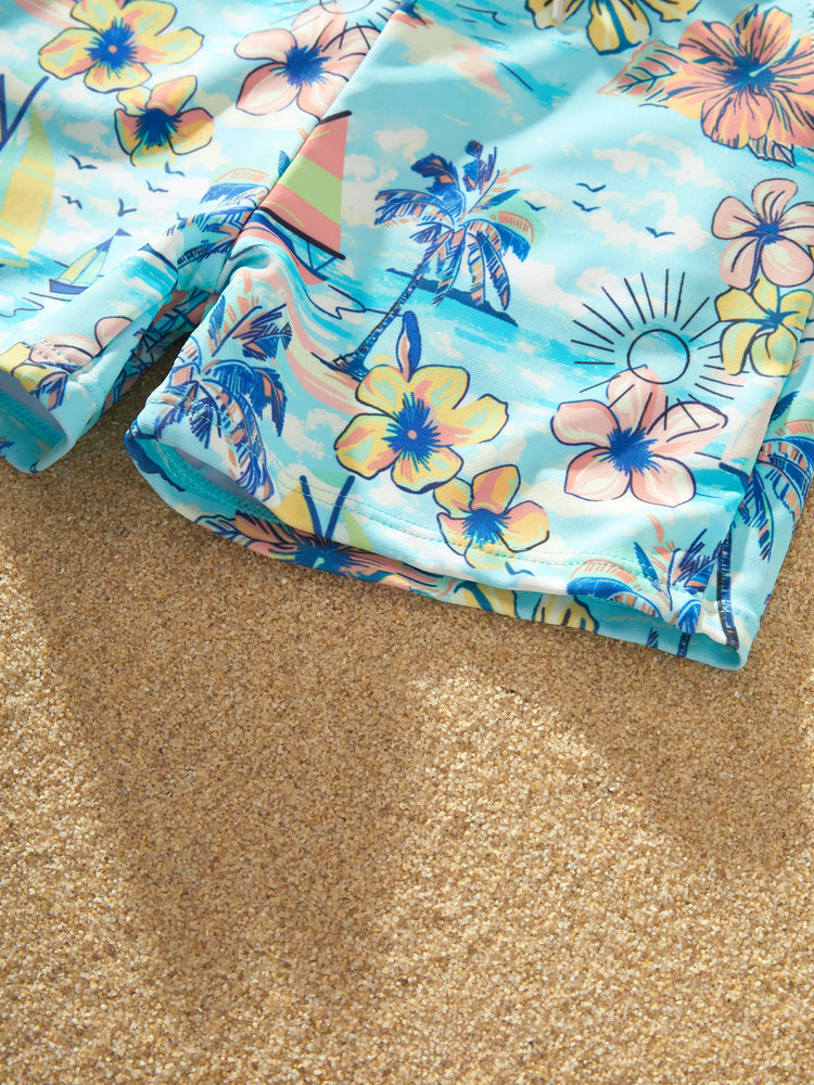 Family Matching Swimwear Tropical Print, Mommy Tie-front Cutout One-piece Swimsuit, Girl two-piece Swimsuit Daddy & Son Swim Trunks Set for Summer Beach Vacation Light Blue