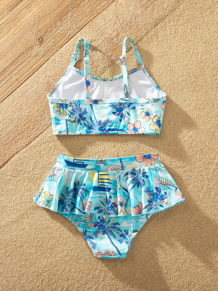 Daddy & Daughter Swimwear Tropical Print,  Girl two-piece Swimsuit  for Summer Beach Vacation Light Blue