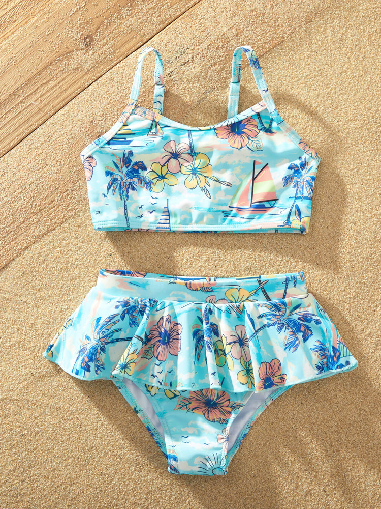 Family Matching Swimwear Tropical Print, Mommy Tie-front Cutout One-piece Swimsuit, Girl two-piece Swimsuit Daddy & Son Swim Trunks Set for Summer Beach Vacation Light Blue