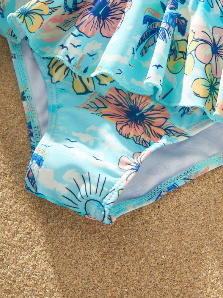 Daddy & Daughter Swimwear Tropical Print,  Girl two-piece Swimsuit  for Summer Beach Vacation Light Blue