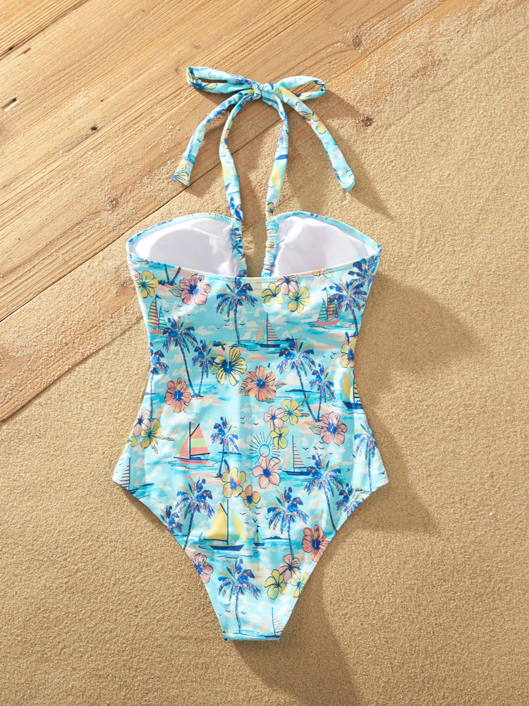 Family Matching Swimwear Tropical Print, Mommy Tie-front Cutout One-piece Swimsuit, Girl two-piece Swimsuit Daddy & Son Swim Trunks Set for Summer Beach Vacation Light Blue