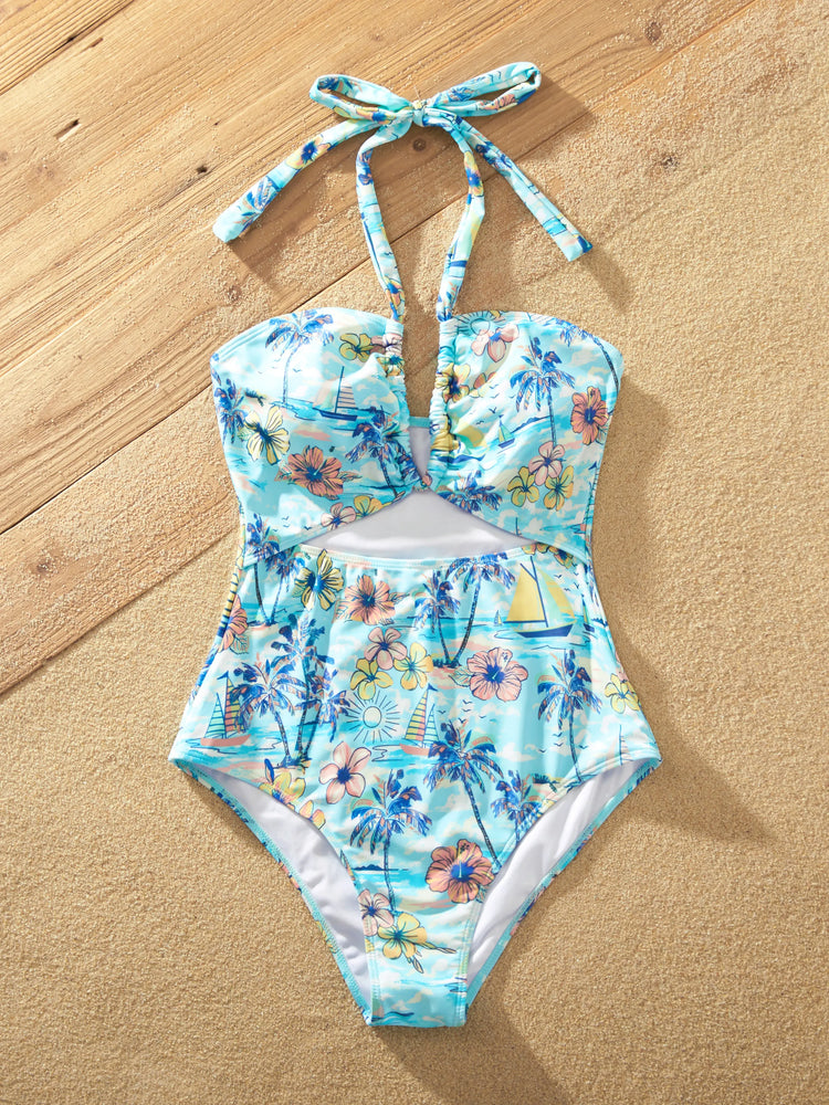 Family Matching Swimwear Tropical Print, Mommy Tie-front Cutout One-piece Swimsuit, Girl two-piece Swimsuit Daddy & Son Swim Trunks Set for Summer Beach Vacation Light Blue
