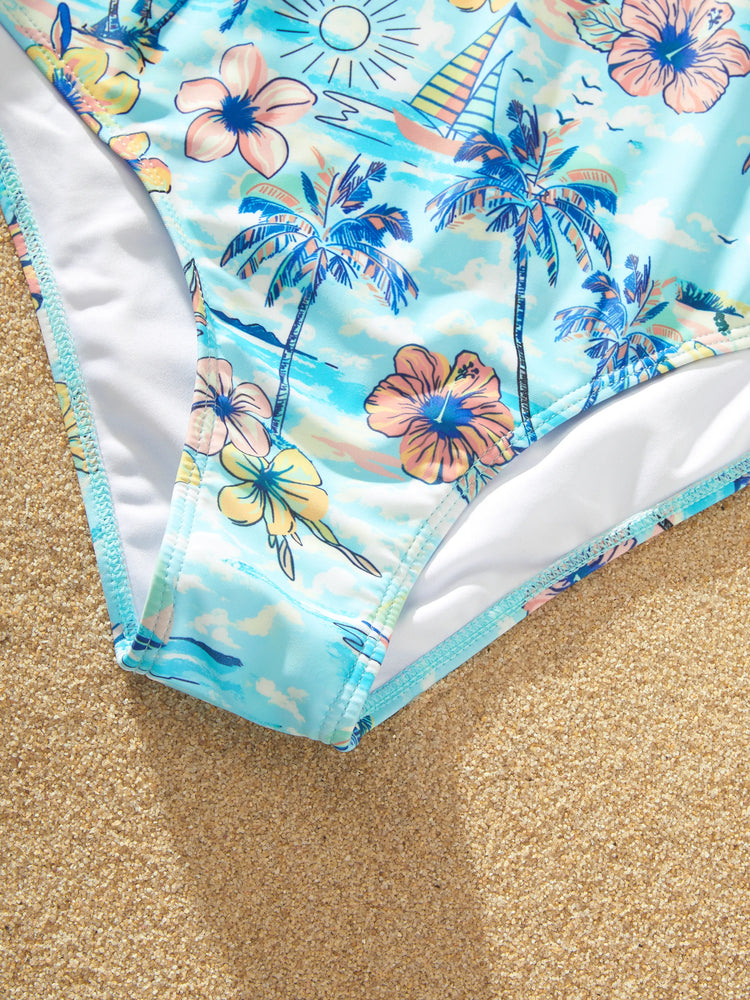 Family Matching Swimwear Tropical Print, Mommy Tie-front Cutout One-piece Swimsuit, Girl two-piece Swimsuit Daddy & Son Swim Trunks Set for Summer Beach Vacation Light Blue