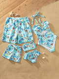 Family Matching Swimwear Tropical Print, Mommy Tie-front Cutout One-piece Swimsuit, Girl two-piece Swimsuit Daddy & Son Swim Trunks Set for Summer Beach Vacation Light Blue