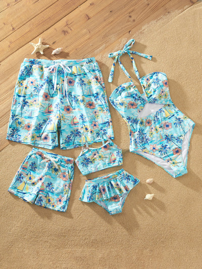 Family Matching Swimwear Tropical Print, Mommy Tie-front Cutout One-piece Swimsuit, Girl two-piece Swimsuit Daddy & Son Swim Trunks Set for Summer Beach Vacation Light Blue