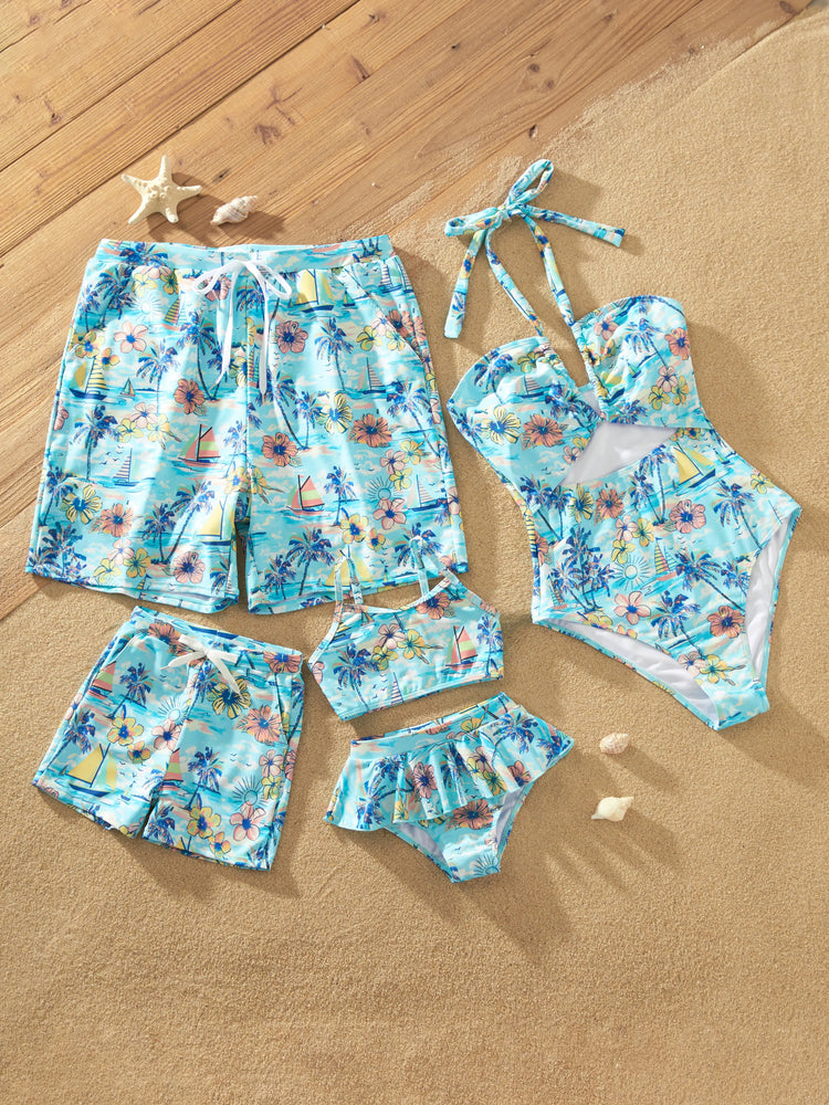 Family Matching Swimwear Tropical Print, Mommy Tie-front Cutout One-piece Swimsuit, Girl two-piece Swimsuit Daddy & Son Swim Trunks Set for Summer Beach Vacation Light Blue