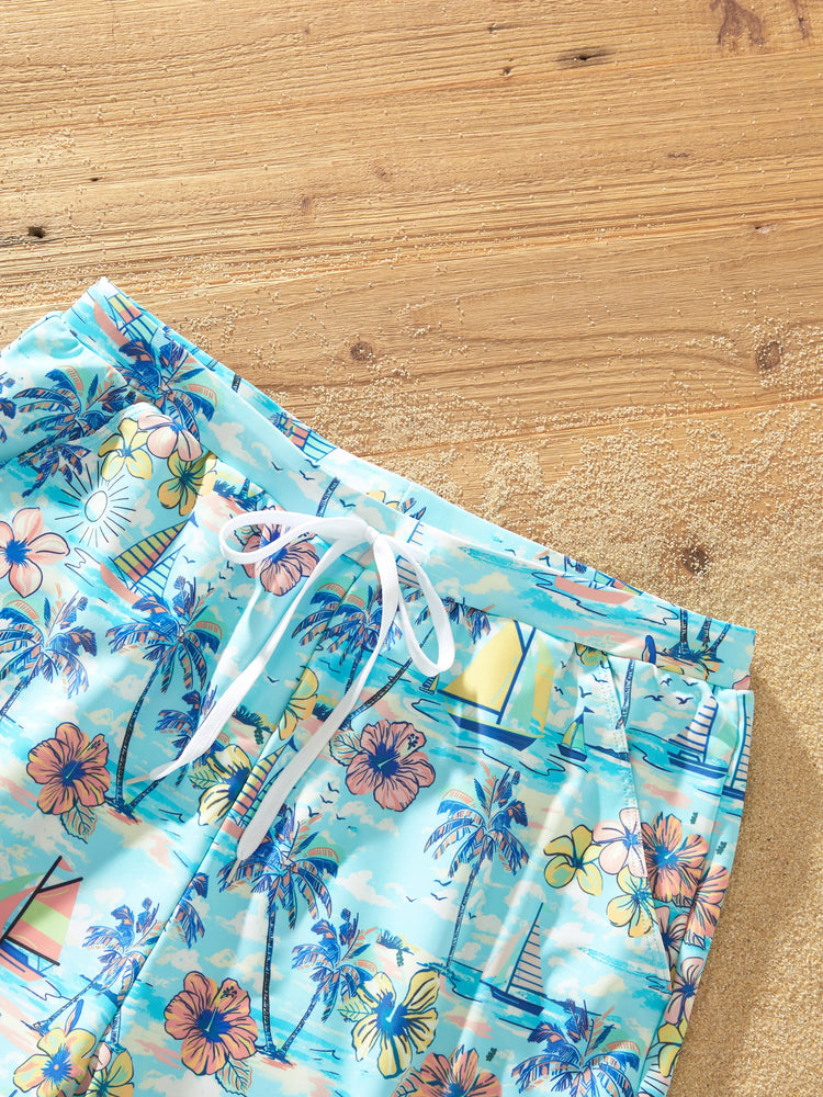 Daddy & Son Swimwear Tropical Print,Daddy & Son Swim Trunks Set for Summer Beach Vacation Light Blue