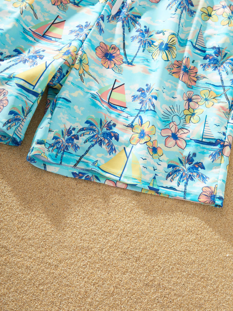 Daddy & Son Swimwear Tropical Print,Daddy & Son Swim Trunks Set for Summer Beach Vacation Light Blue