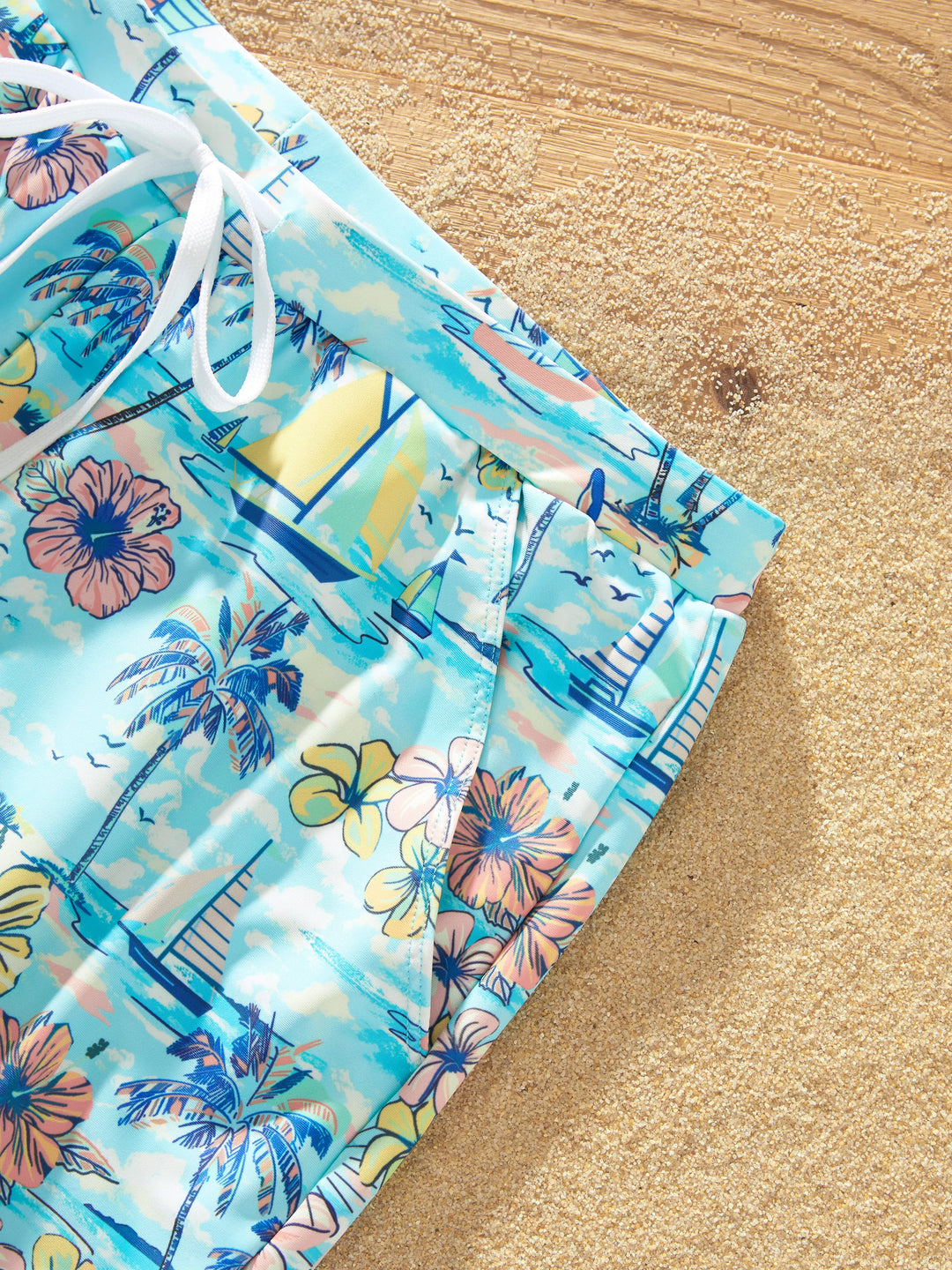 Maillots de bain Daddy & Fils à imprimé tropical, ensemble shorts de bain Daddy & Fils pour vacances d'été à la plage Bleu clair
