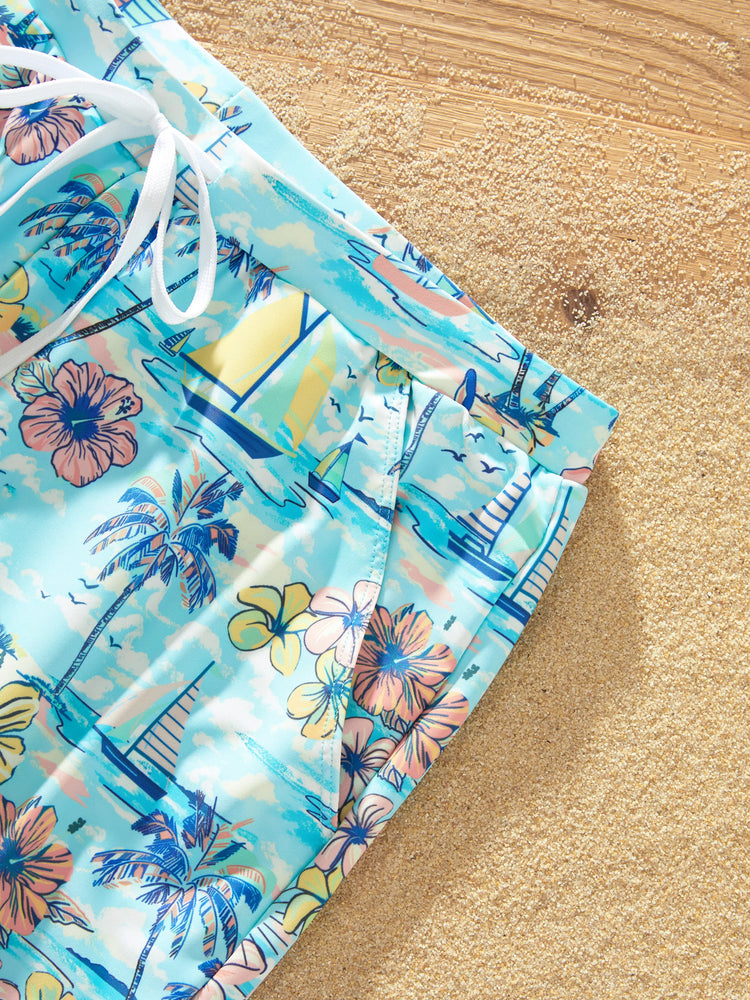 Daddy & Daughter Swimwear Tropical Print,  Girl two-piece Swimsuit  for Summer Beach Vacation Light Blue