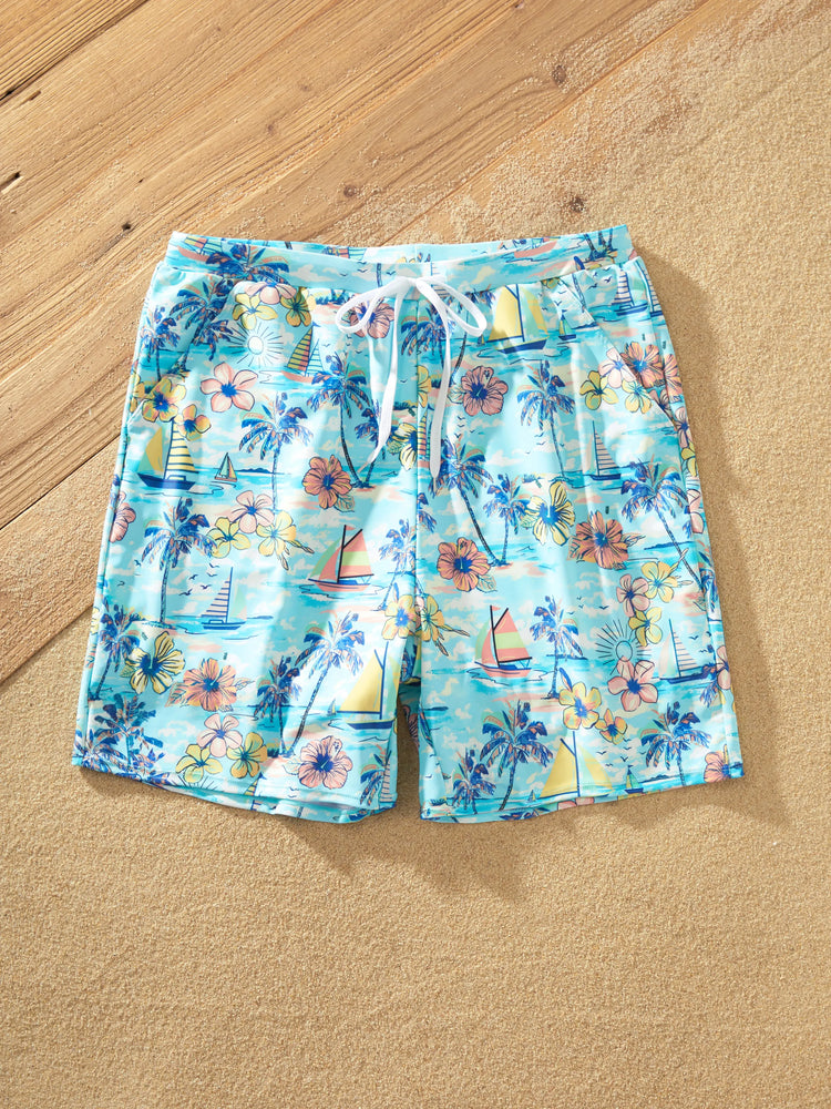 Family Matching Swimwear Tropical Print, Mommy Tie-front Cutout One-piece Swimsuit, Girl two-piece Swimsuit Daddy & Son Swim Trunks Set for Summer Beach Vacation Light Blue