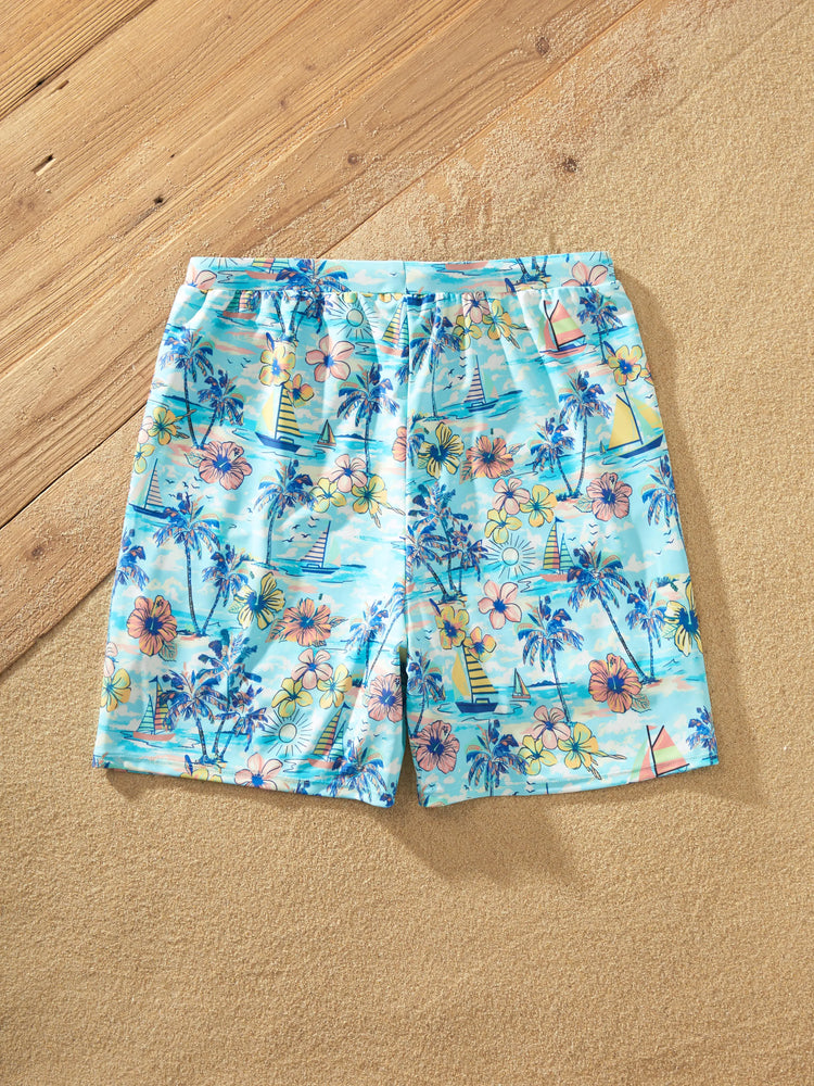 Daddy & Daughter Swimwear Tropical Print,  Girl two-piece Swimsuit  for Summer Beach Vacation Light Blue