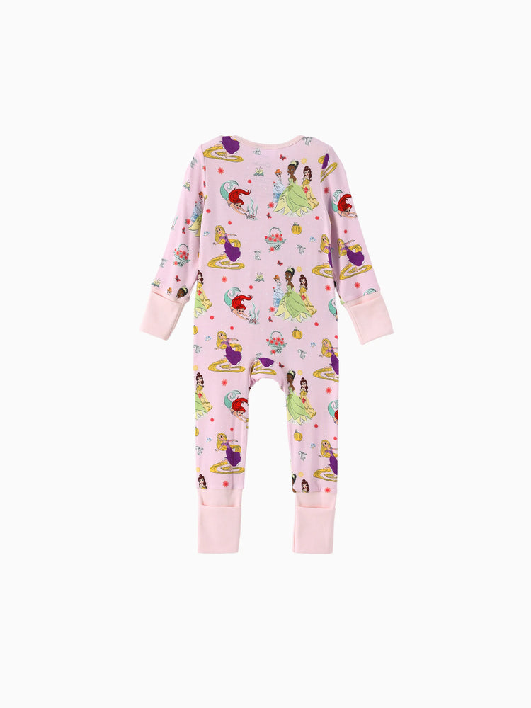 Disney Princess Bamboo Baby Girl Ariel/Belle/Tiana 2-Way Zip Onesies Anti Slip Long-sleeve Footie Pink