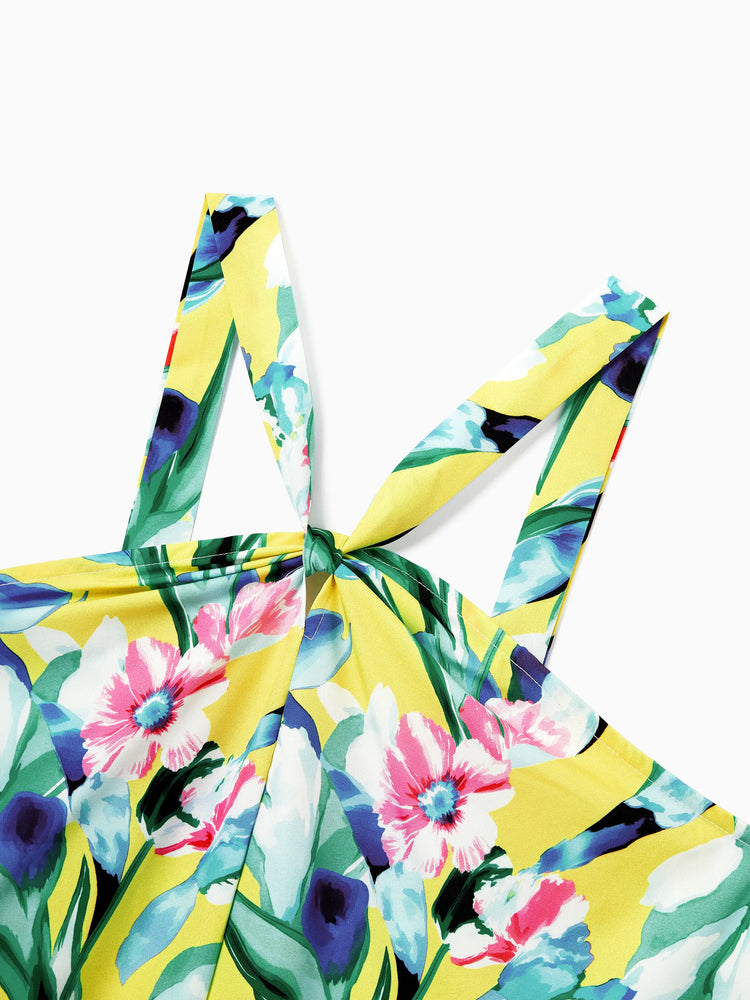 Mommy and Me Casual Outfits Floral Print Camisole Top and Wide-leg Pants Set for Mom Strappy Dress for girl, Bodysuit for Baby Girl Yellow