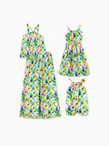 Mommy and Me Casual Outfits Floral Print Camisole Top and Wide-leg Pants Set for Mom Strappy Dress for girl, Bodysuit for Baby Girl Yellow