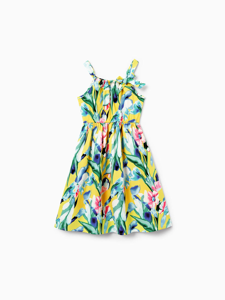 Mommy and Me Casual Outfits Floral Print Camisole Top and Wide-leg Pants Set for Mom Strappy Dress for girl, Bodysuit for Baby Girl Yellow