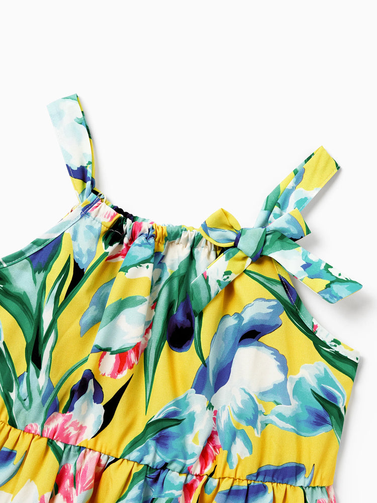 Mommy and Me Casual Outfits Floral Print Camisole Top and Wide-leg Pants Set for Mom Strappy Dress for girl, Bodysuit for Baby Girl Yellow