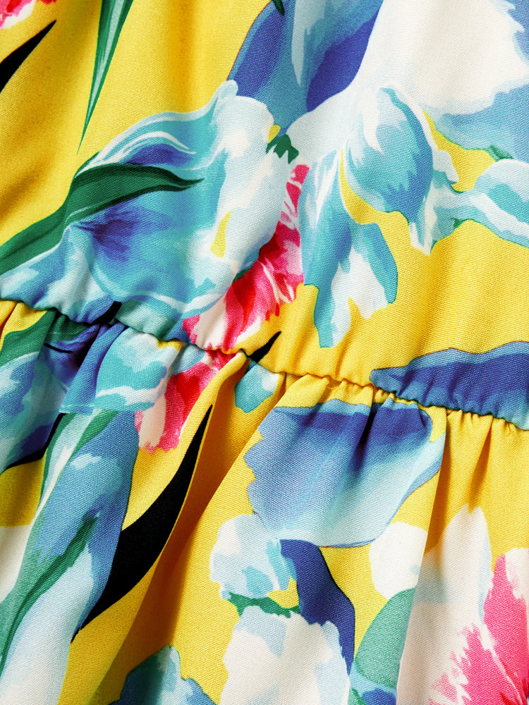 Mommy and Me Casual Outfits Floral Print Camisole Top and Wide-leg Pants Set for Mom Strappy Dress for girl, Bodysuit for Baby Girl Yellow