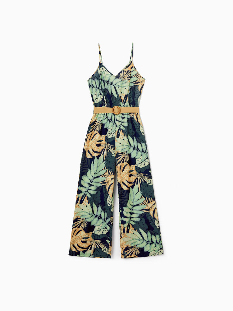 Mommy and Me Tropical Leaf Print Jumpsuit Set, Spaghetti Strap Belted Matching Outfits for Summer Beach Vacation Tibetan blue