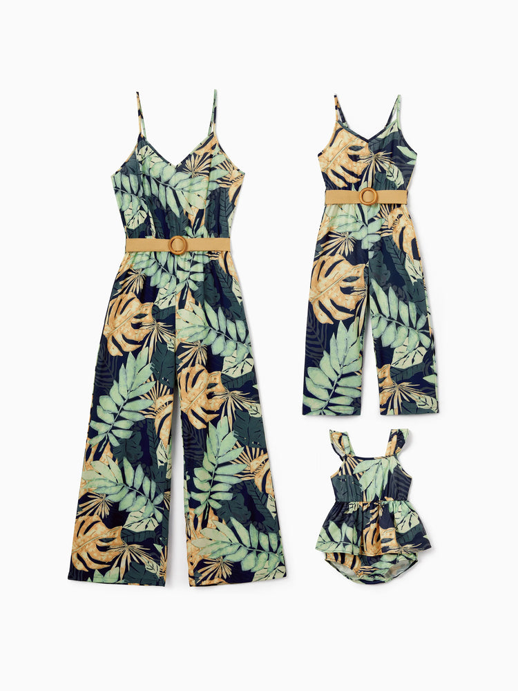 Mommy and Me Tropical Leaf Print Jumpsuit Set, Spaghetti Strap Belted Matching Outfits for Summer Beach Vacation Tibetan blue