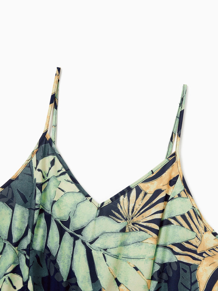 Mommy and Me Tropical Leaf Print Jumpsuit Set, Spaghetti Strap Belted Matching Outfits for Summer Beach Vacation Tibetan blue