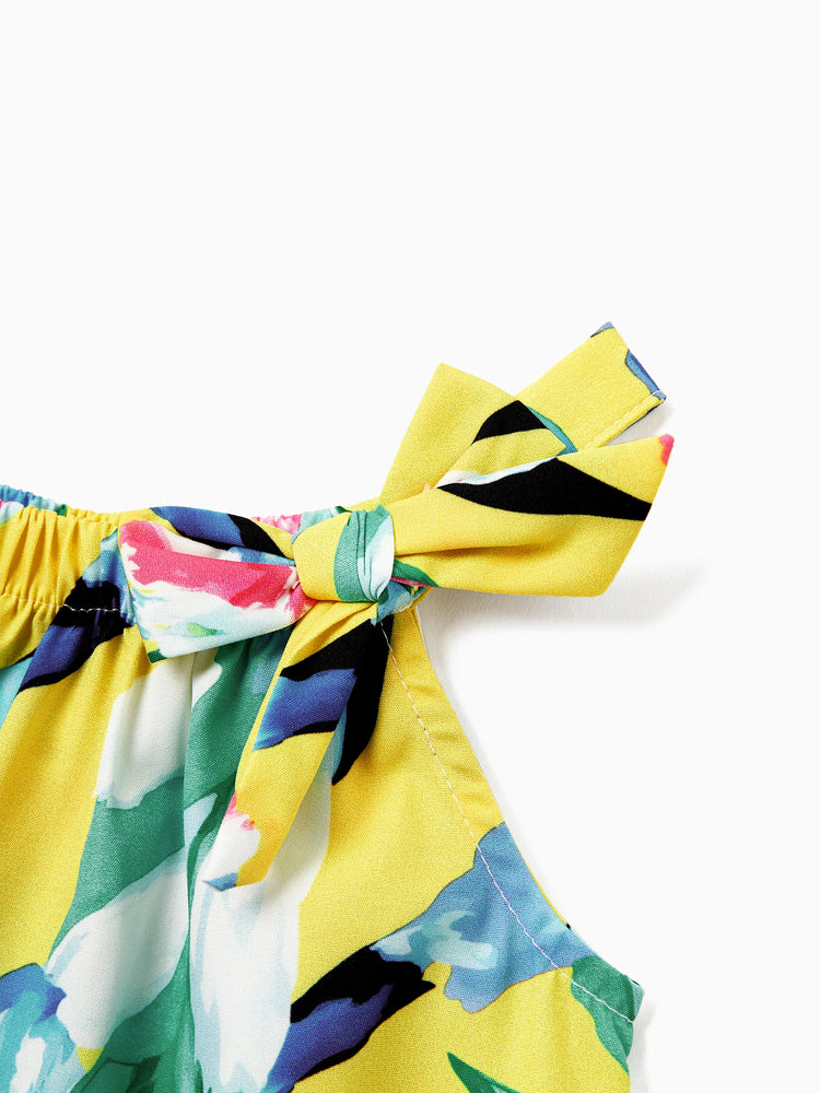 Mommy and Me Casual Outfits Floral Print Camisole Top and Wide-leg Pants Set for Mom Strappy Dress for girl, Bodysuit for Baby Girl Yellow