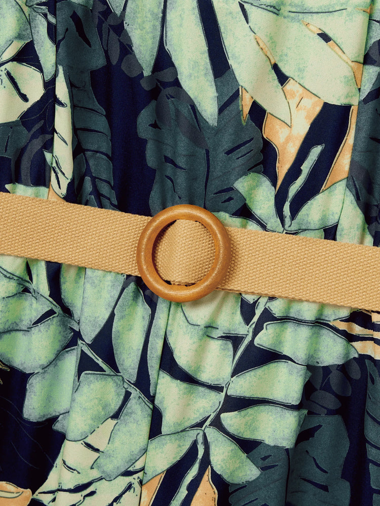 Mommy and Me Tropical Leaf Print Jumpsuit Set, Spaghetti Strap Belted Matching Outfits for Summer Beach Vacation Tibetan blue