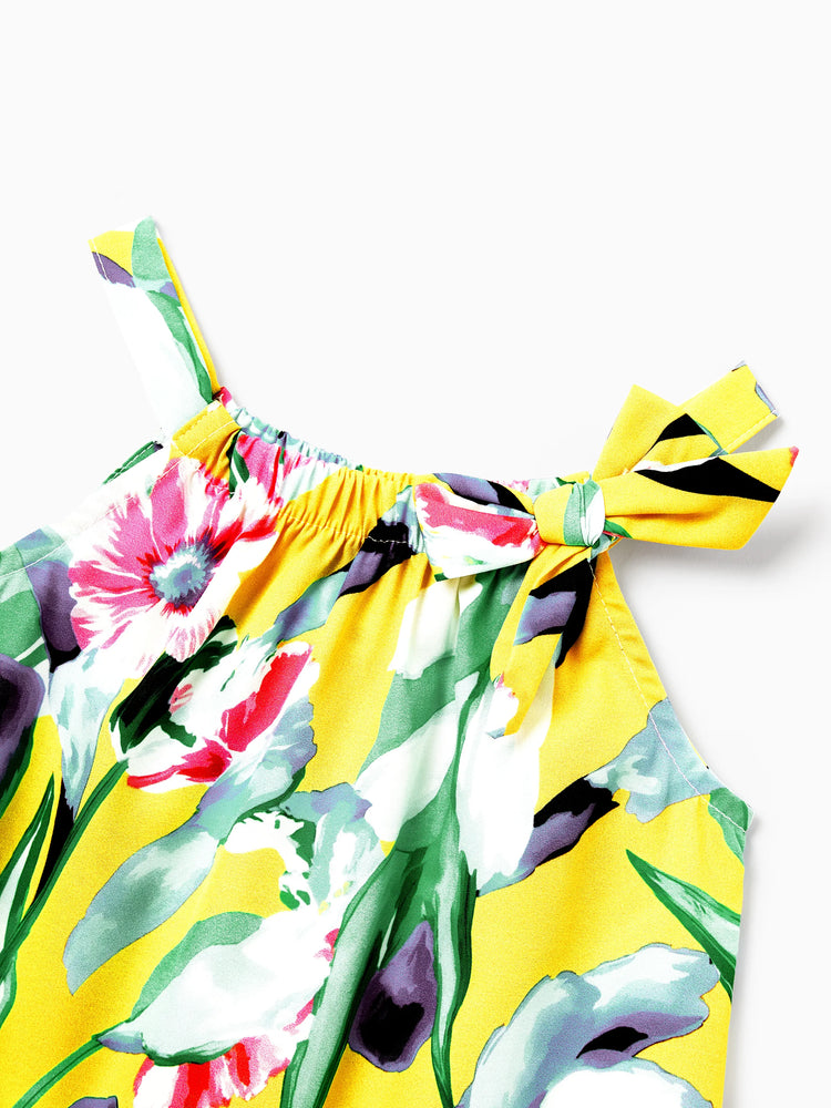 Mommy and Me Casual Outfits Floral Print Camisole Top and Wide-leg Pants Set for Mom Strappy Dress for girl, Bodysuit for Baby Girl Yellow