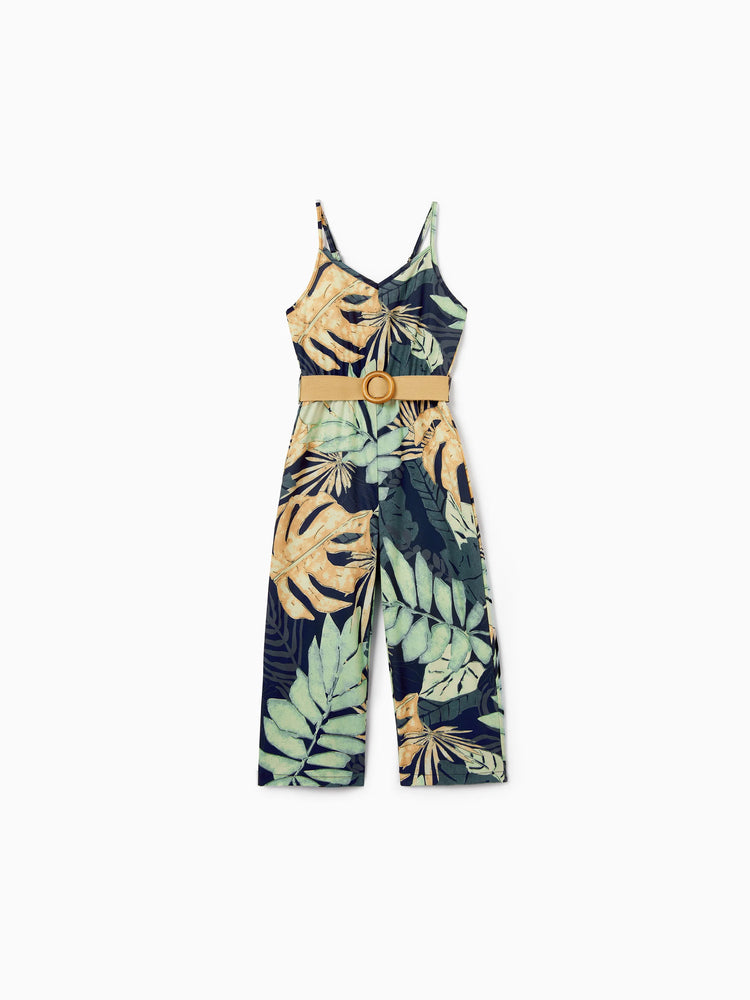 Mommy and Me Tropical Leaf Print Jumpsuit Set, Spaghetti Strap Belted Matching Outfits for Summer Beach Vacation Tibetan blue