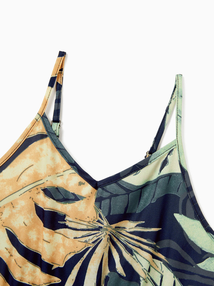 Mommy and Me Tropical Leaf Print Jumpsuit Set, Spaghetti Strap Belted Matching Outfits for Summer Beach Vacation Tibetan blue