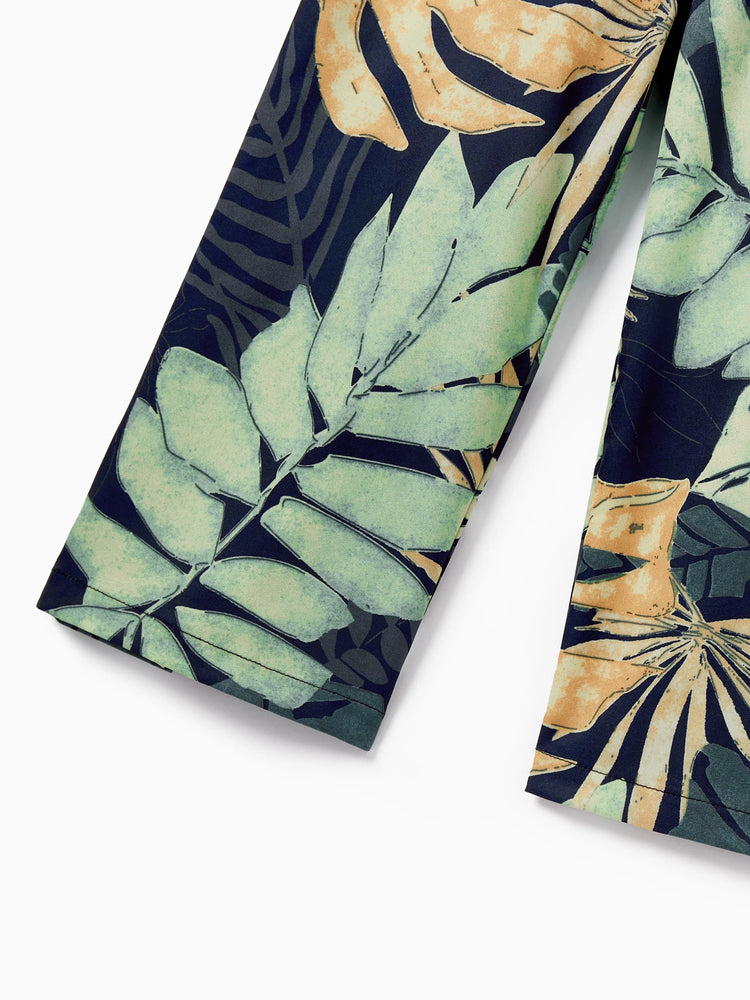 Mommy and Me Tropical Leaf Print Jumpsuit Set, Spaghetti Strap Belted Matching Outfits for Summer Beach Vacation Tibetan blue