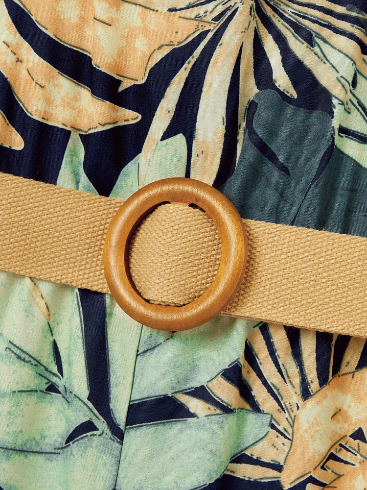 Mommy and Me Tropical Leaf Print Jumpsuit Set, Spaghetti Strap Belted Matching Outfits for Summer Beach Vacation Tibetan blue