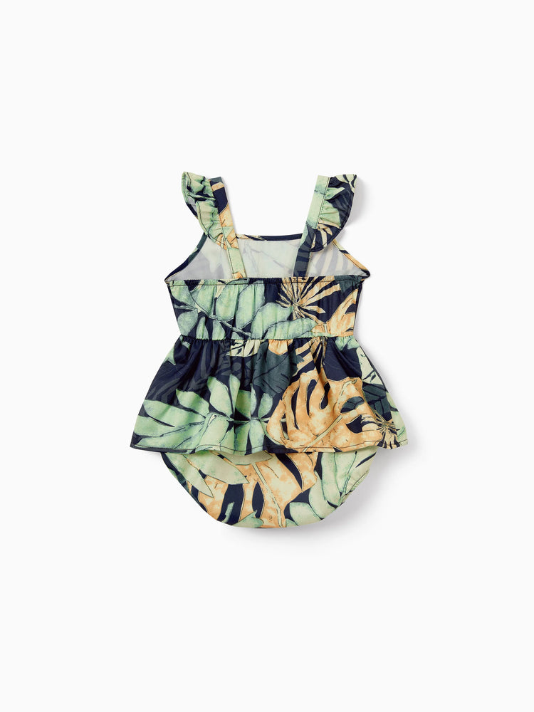 Mommy and Me Tropical Leaf Print Jumpsuit Set, Spaghetti Strap Belted Matching Outfits for Summer Beach Vacation Tibetan blue