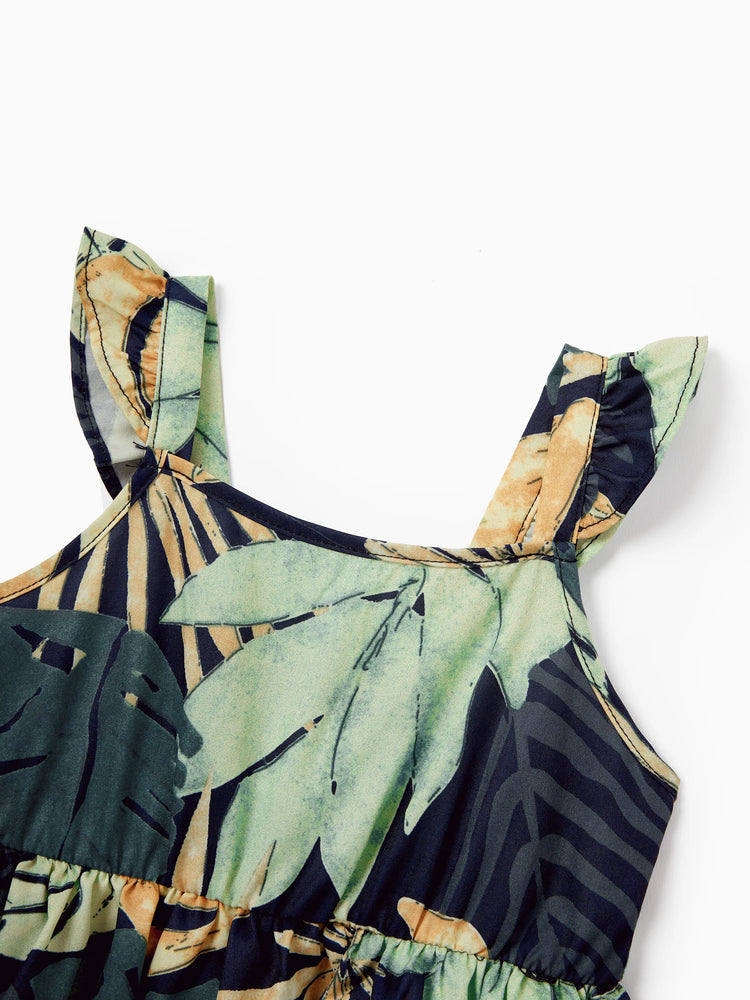 Mommy and Me Tropical Leaf Print Jumpsuit Set, Spaghetti Strap Belted Matching Outfits for Summer Beach Vacation Tibetan blue