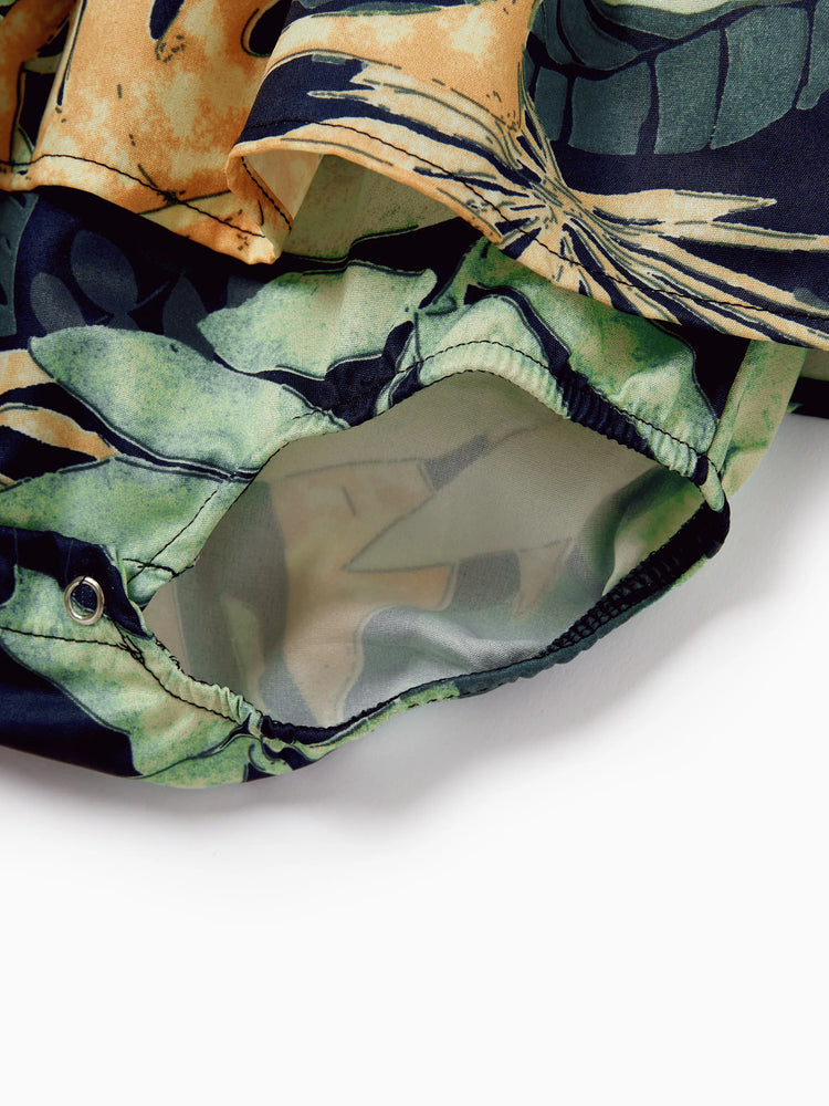 Mommy and Me Tropical Leaf Print Jumpsuit Set, Spaghetti Strap Belted Matching Outfits for Summer Beach Vacation Tibetan blue