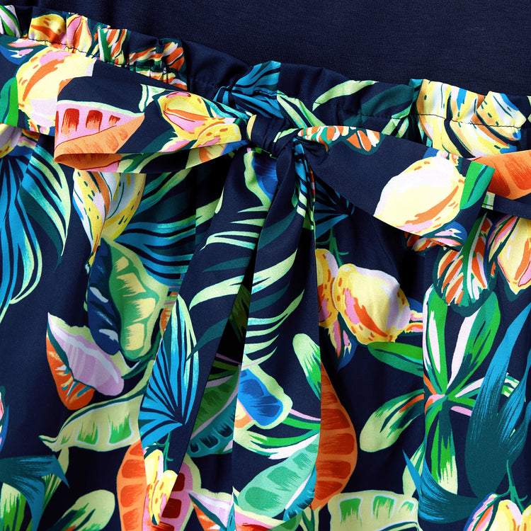 Mommy and Me Tropical Leaves Print Sleeveless Rompers with Belted Shorts Matching Set Deep Blue