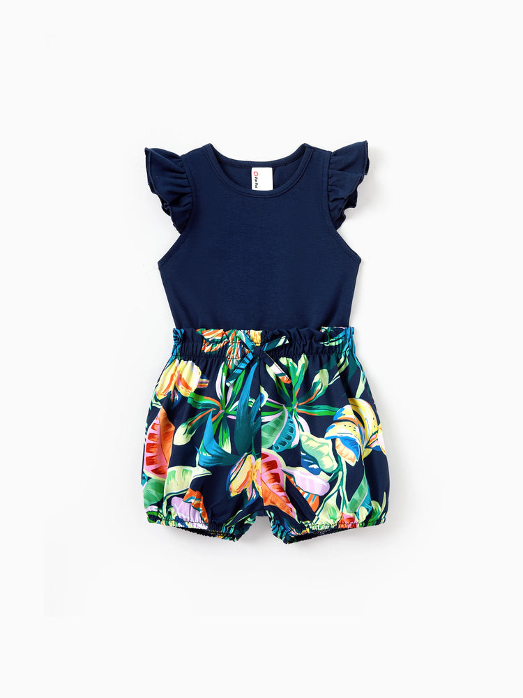 Mommy and Me Tropical Leaves Print Sleeveless Rompers with Belted Shorts Matching Set Deep Blue
