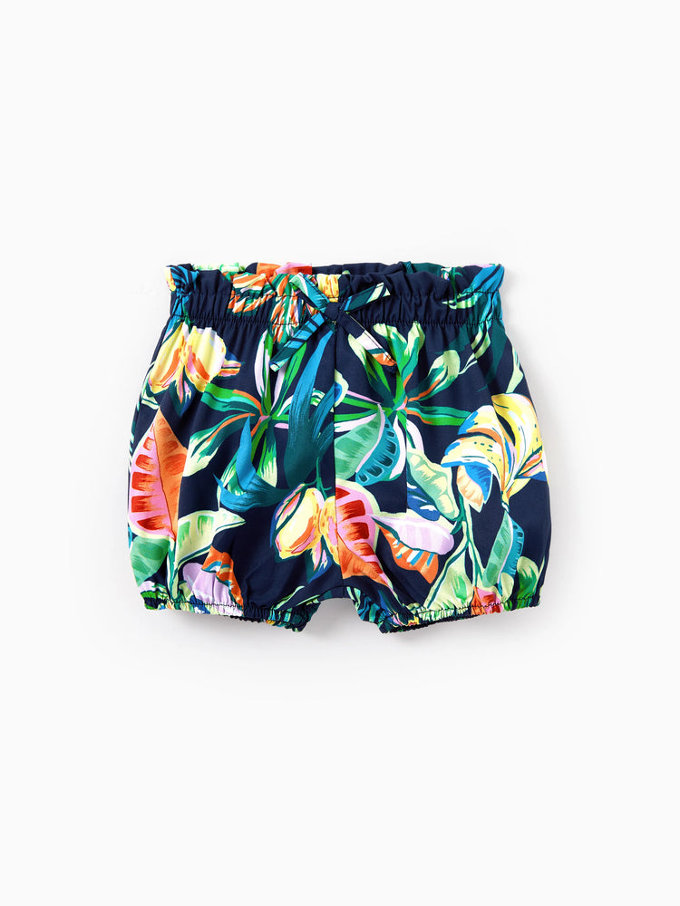 Mommy and Me Tropical Leaves Print Sleeveless Rompers with Belted Shorts Matching Set Deep Blue