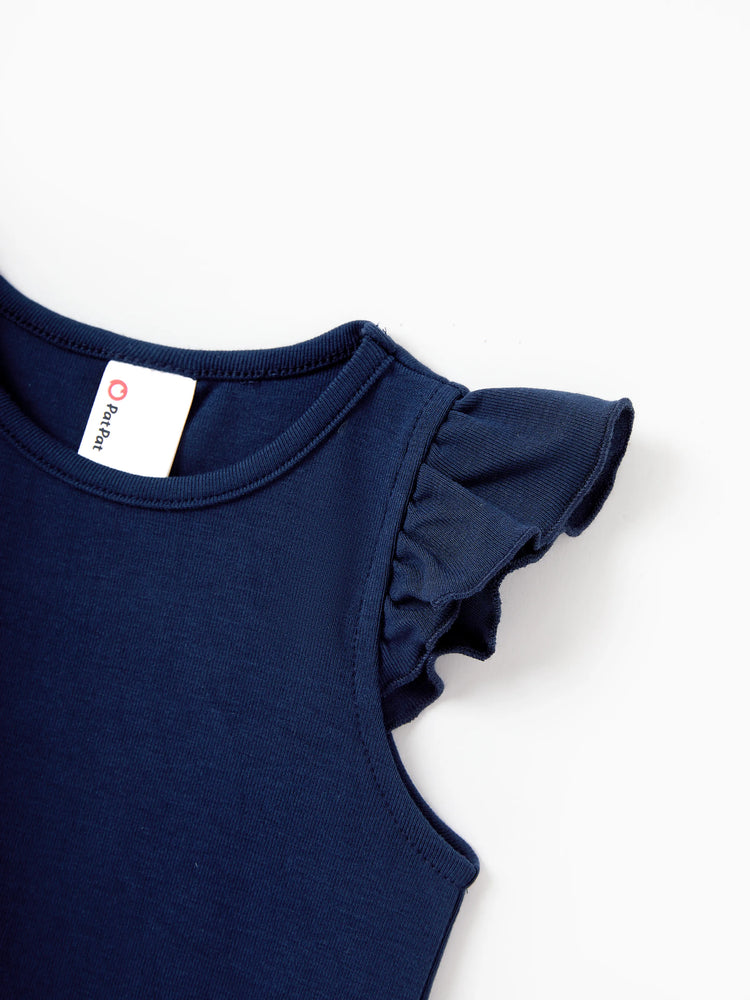 Mommy and Me Tropical Leaves Print Sleeveless Rompers with Belted Shorts Matching Set Deep Blue