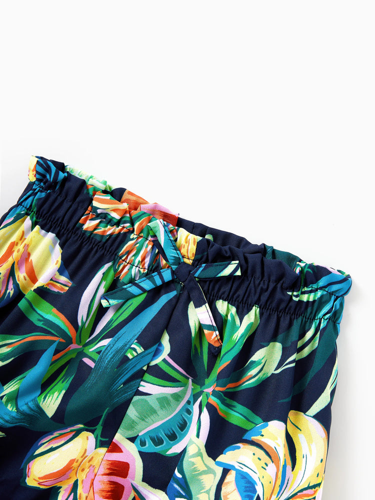 Mommy and Me Tropical Leaves Print Sleeveless Rompers with Belted Shorts Matching Set Deep Blue