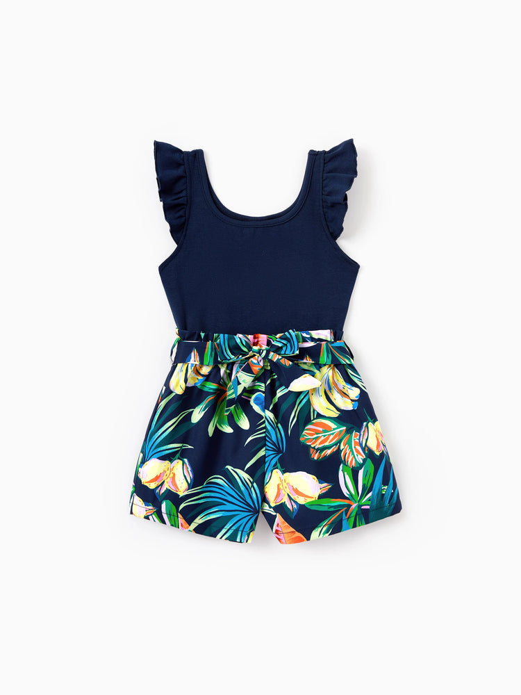 Mommy and Me Tropical Leaves Print Sleeveless Rompers with Belted Shorts Matching Set Deep Blue