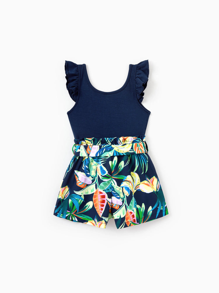 Mommy and Me Tropical Leaves Print Sleeveless Rompers with Belted Shorts Matching Set Deep Blue