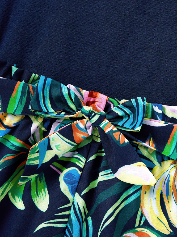 Mommy and Me Tropical Leaves Print Sleeveless Rompers with Belted Shorts Matching Set Deep Blue