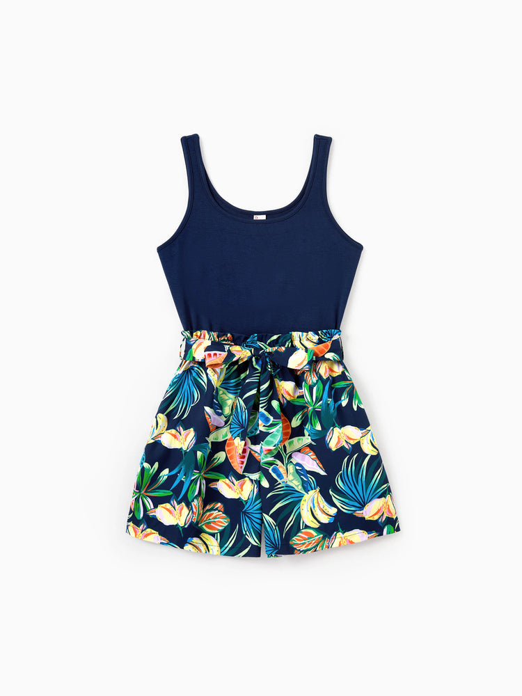 Mommy and Me Tropical Leaves Print Sleeveless Rompers with Belted Shorts Matching Set Deep Blue