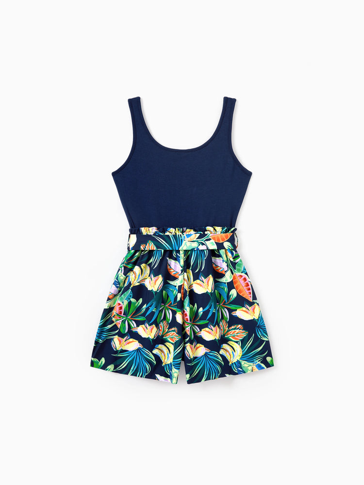 Mommy and Me Tropical Leaves Print Sleeveless Rompers with Belted Shorts Matching Set Deep Blue