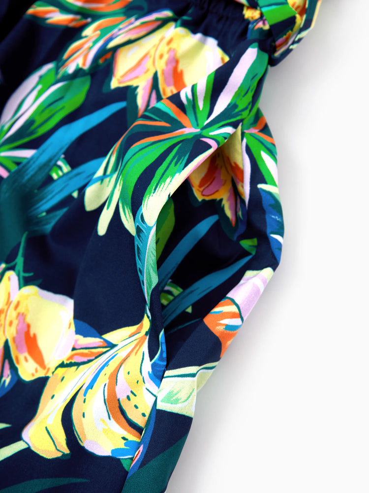 Mommy and Me Tropical Leaves Print Sleeveless Rompers with Belted Shorts Matching Set Deep Blue