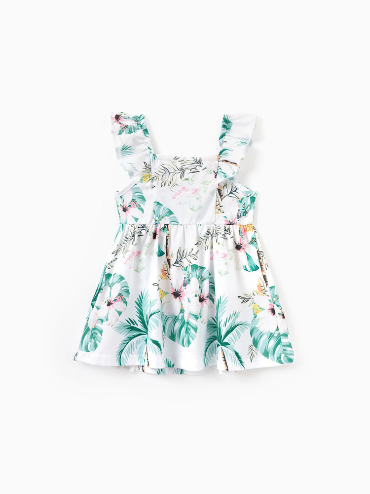 Family Matching Tropical Print Outfits Mommy & Me Tank Dress & Dad/Kids Cotton T-Shirt Set
 Green