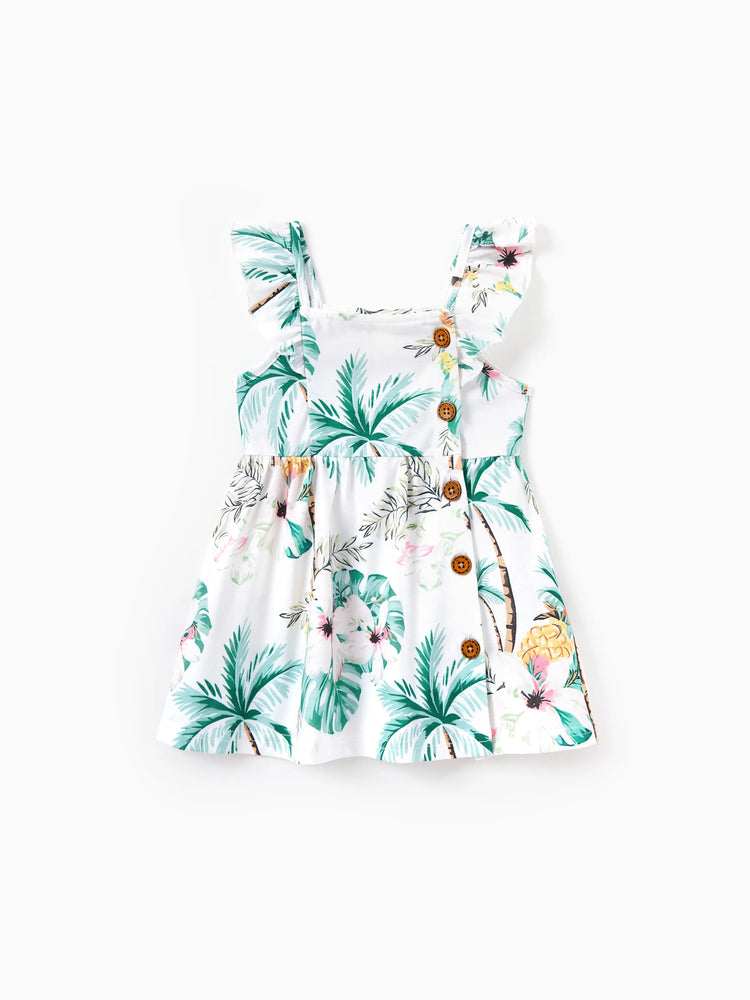 Daddy & Me Tropical Print Outfits,Daughter Tank Dress & Dad Cotton T-Shirt Set Green